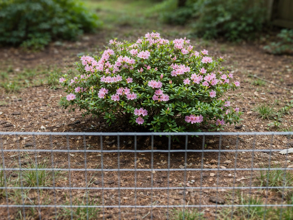 Flowering azalea/rhododendron shrub outside a wire mesh aviary barrier in a simple backyard garden.