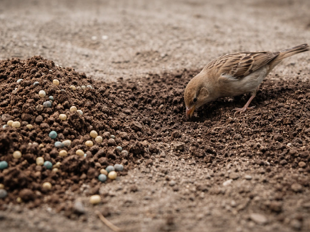 A small bird digging into potting soil mixed with slow-release fertilizer pellets.