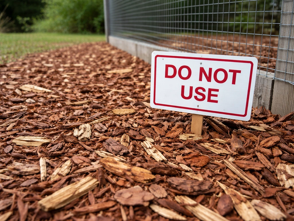 Close-up of cedar and pine mulch near an aviary fence with a “DO NOT USE” sign.