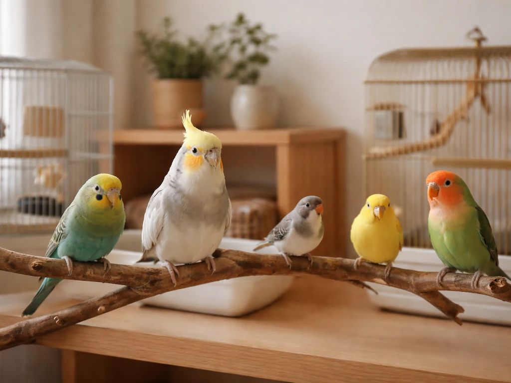 Cozy setup with several small pet birds perched near cages, showing beginner-friendly starter bird species