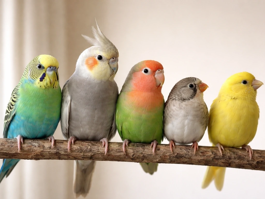 Five small pet birds perched together on a simple branch in warm natural light.