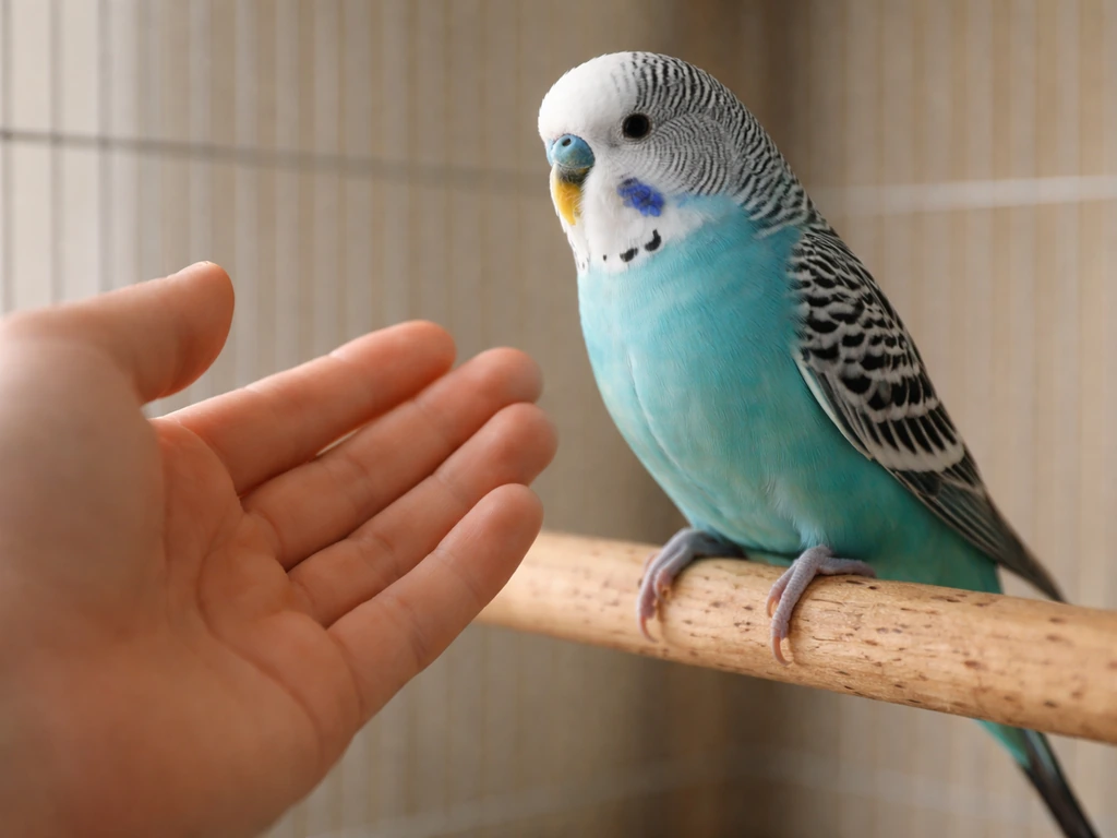 Close-up of a budgerigar perched on a wooden stand with a human hand nearby for step-up training
