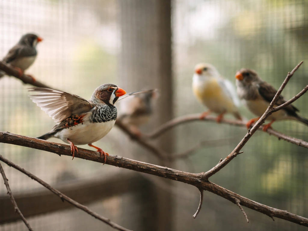 Small finches perched inside a spacious aviary flight cage, multiple birds visible in natural light.
