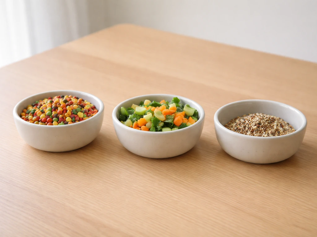 Two pet bird feeding bowls with pellets and vegetables, plus a small portion of seeds on a simple table.