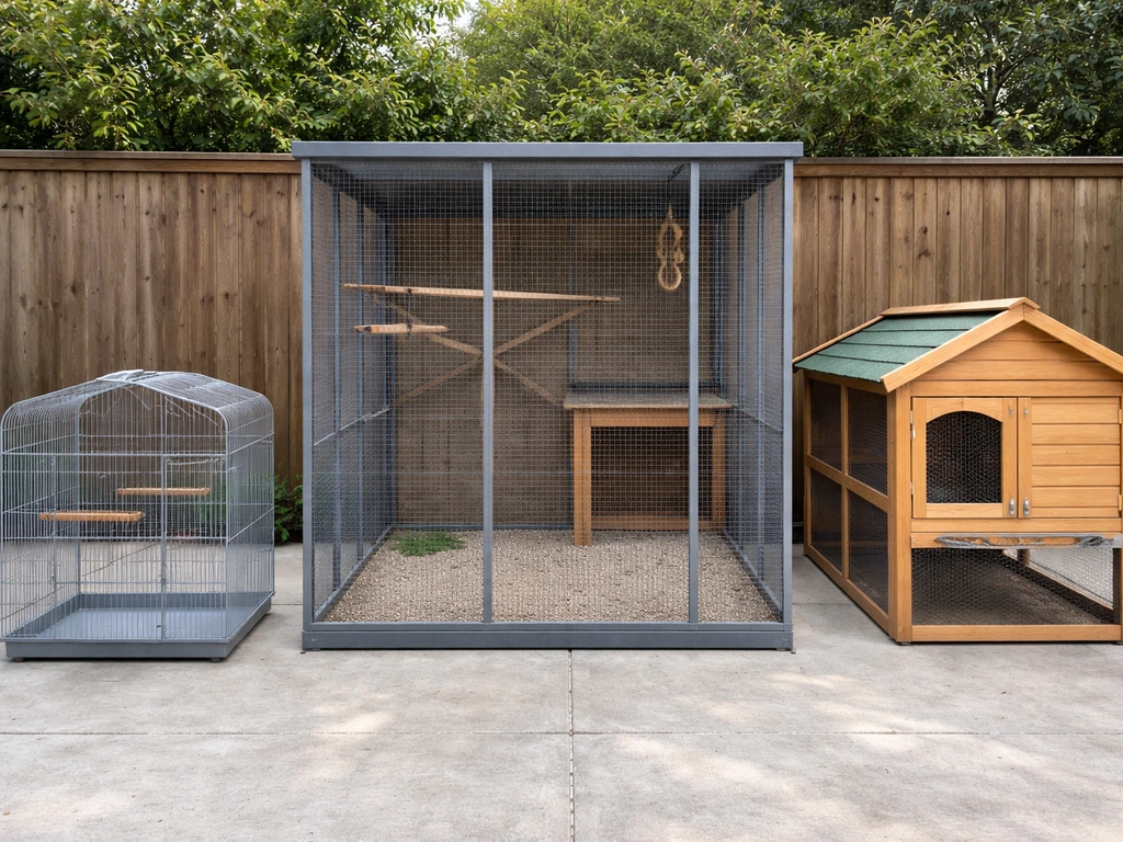 Three bird enclosures—wire cage, outdoor aviary, and wooden coop—side by side for easy naming.