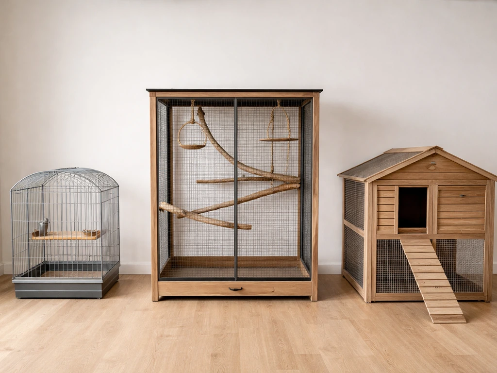 Side-by-side views of a small cage, a larger aviary, and a coop with a nesting box area.