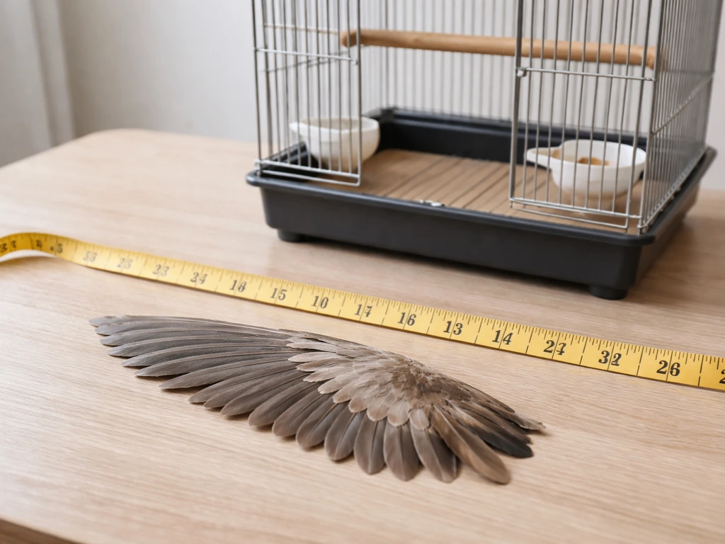 Measuring tape beside a small bird enclosure on a table to illustrate enclosure sizing for beginners.