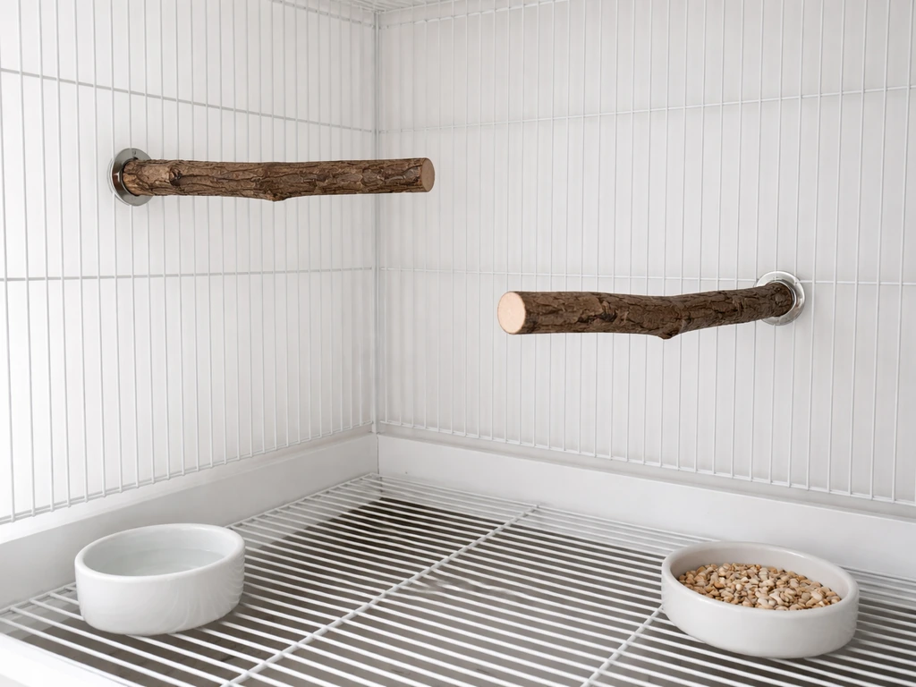 Small pet bird enclosure with two wooden perches at different heights, not above food.