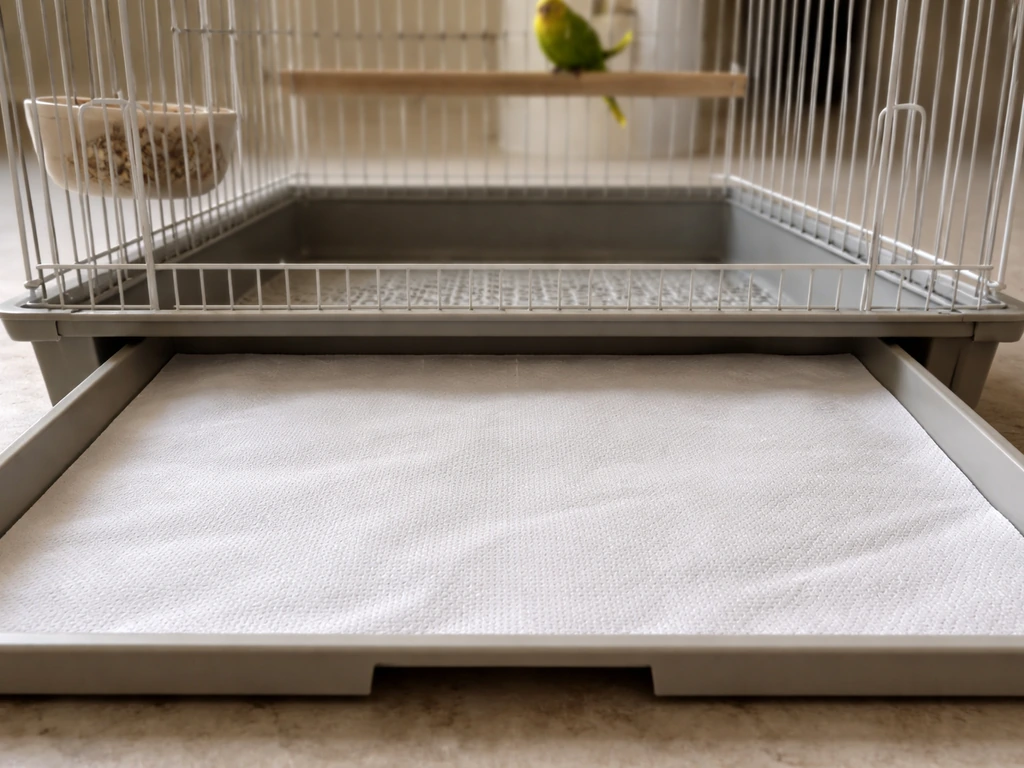 Bird cage pull-out tray lined with plain paper towels, no shavings or scented bedding visible.