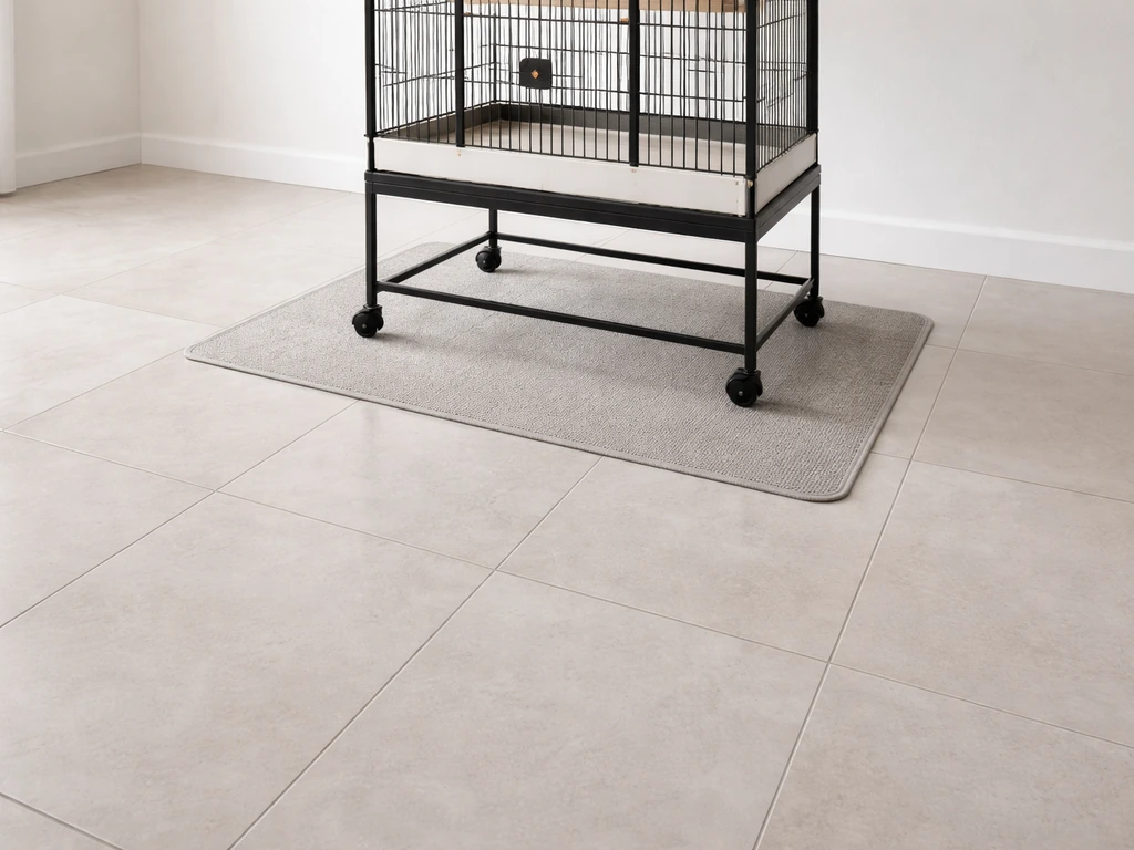 Bright bird room floor with clean, sealed surface and cage stand base for easy, odor-free sanitation.