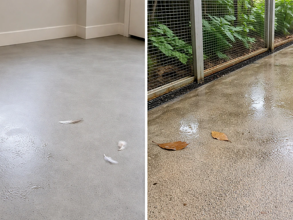 Split scene: indoor bird room floor with sealed non-porous dryness vs outdoor aviary ground with drainage.