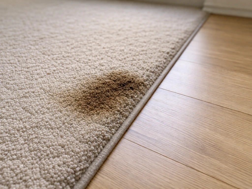 Dirty carpet area beside clean wipeable floor surface, showing contrast in mess absorption