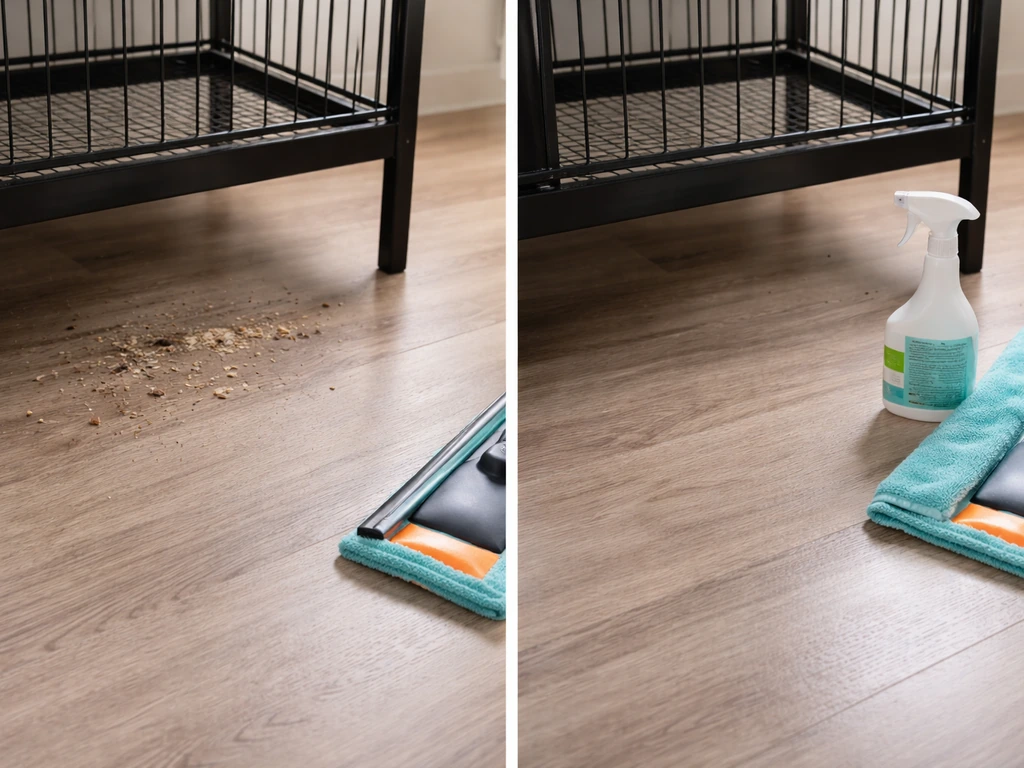 Split view of spot-cleaning under an empty cage stand and a weekly mop on hard flooring.