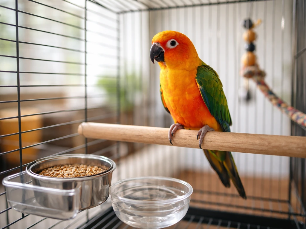 Small colorful pet bird perched in a tidy indoor cage near food and water dishes.