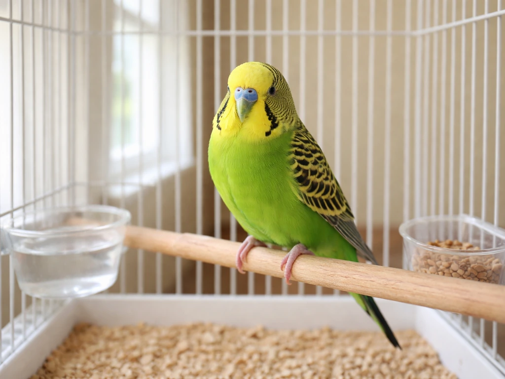 A budgerigar perched inside a safe, home-like pet cage with soft natural light.