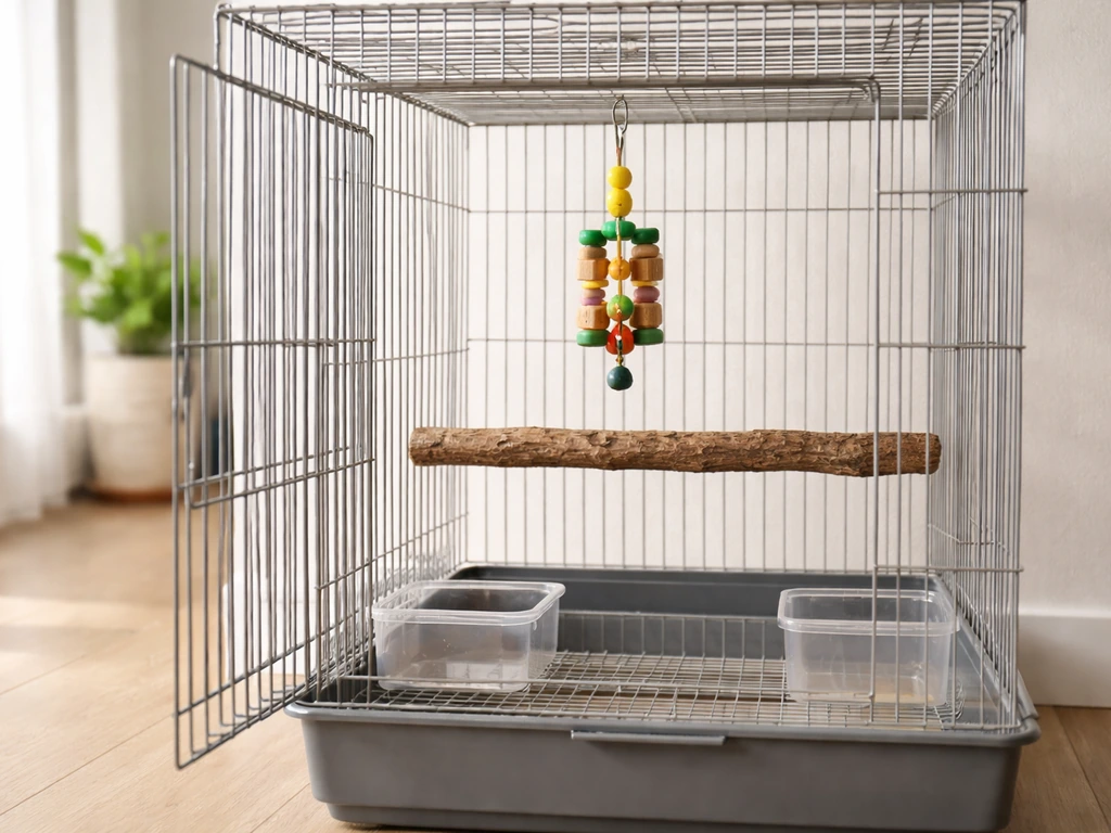 Close-up of an empty pet bird cage with correctly spaced bars and safe perches, placed on a tidy floor area