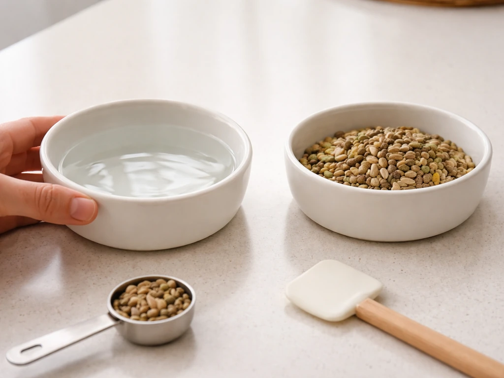 Fresh water bowl replacement and measured pellet portion in clean dishes with utensils visible.
