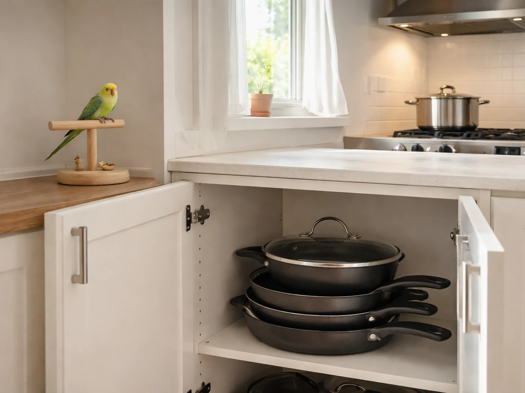 Bird-safe kitchen scene with covered non-stick cookware storage and a well-ventilated cooking area.