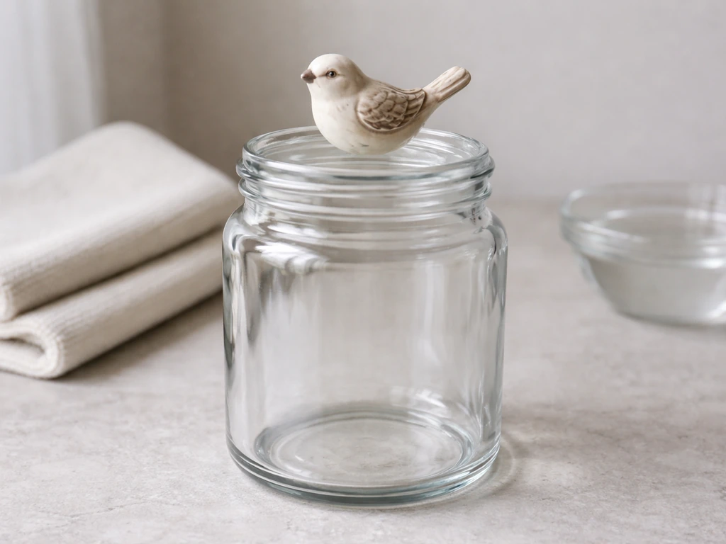 Close-up of a clear glass jar with a small bird figurine topper on a neutral surface.