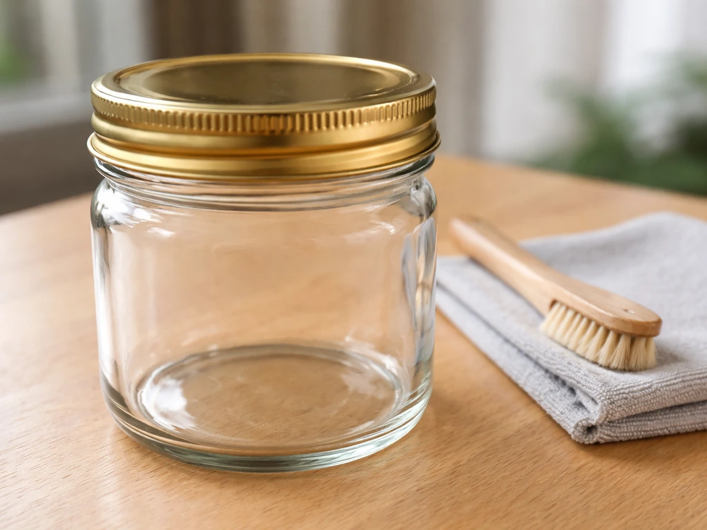 Close-up of a glass jar and lid finish on a wooden table with a cloth and brush for surface checks.