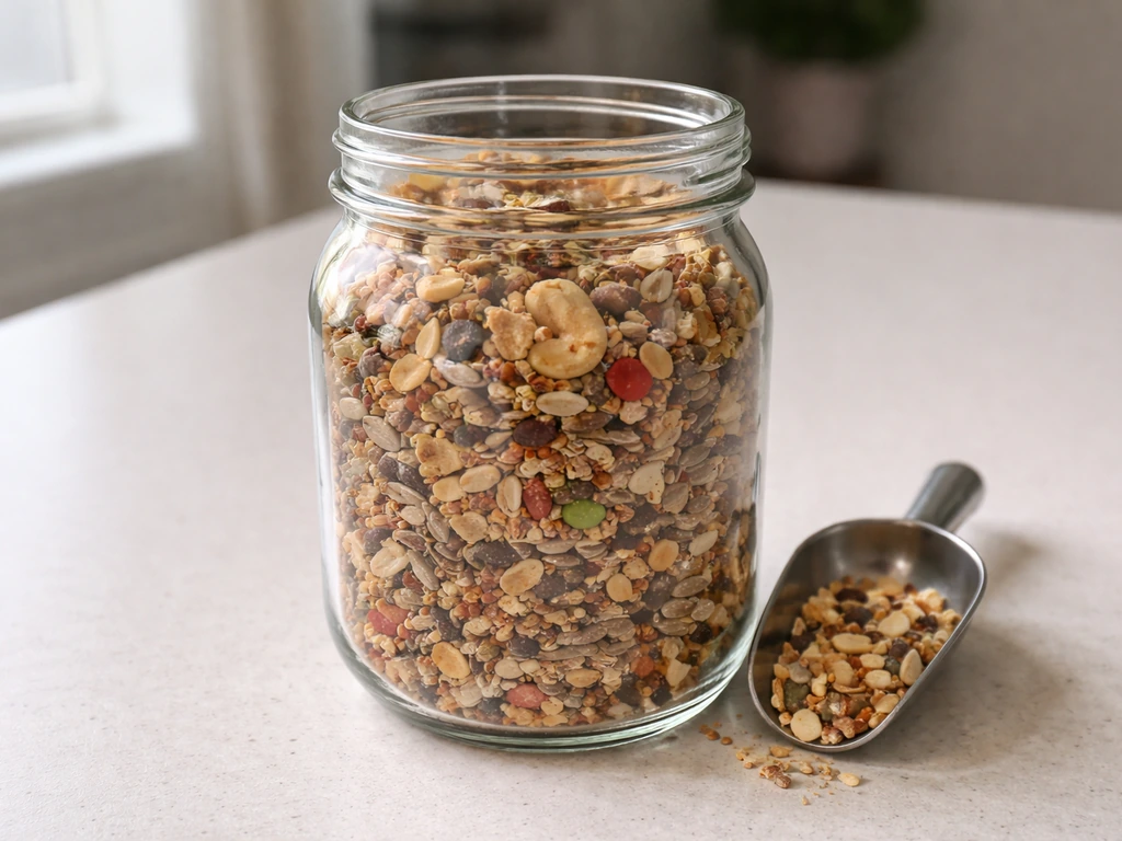Wide-mouth glass jar filled with bird treats on a clean countertop, easy to scoop.