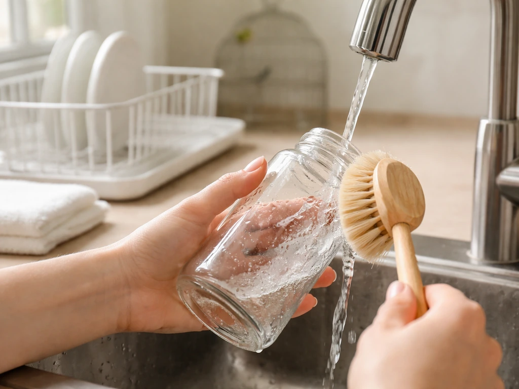 Person rinsing a glass jar with a scrub brush beside a drying towel in a bird household