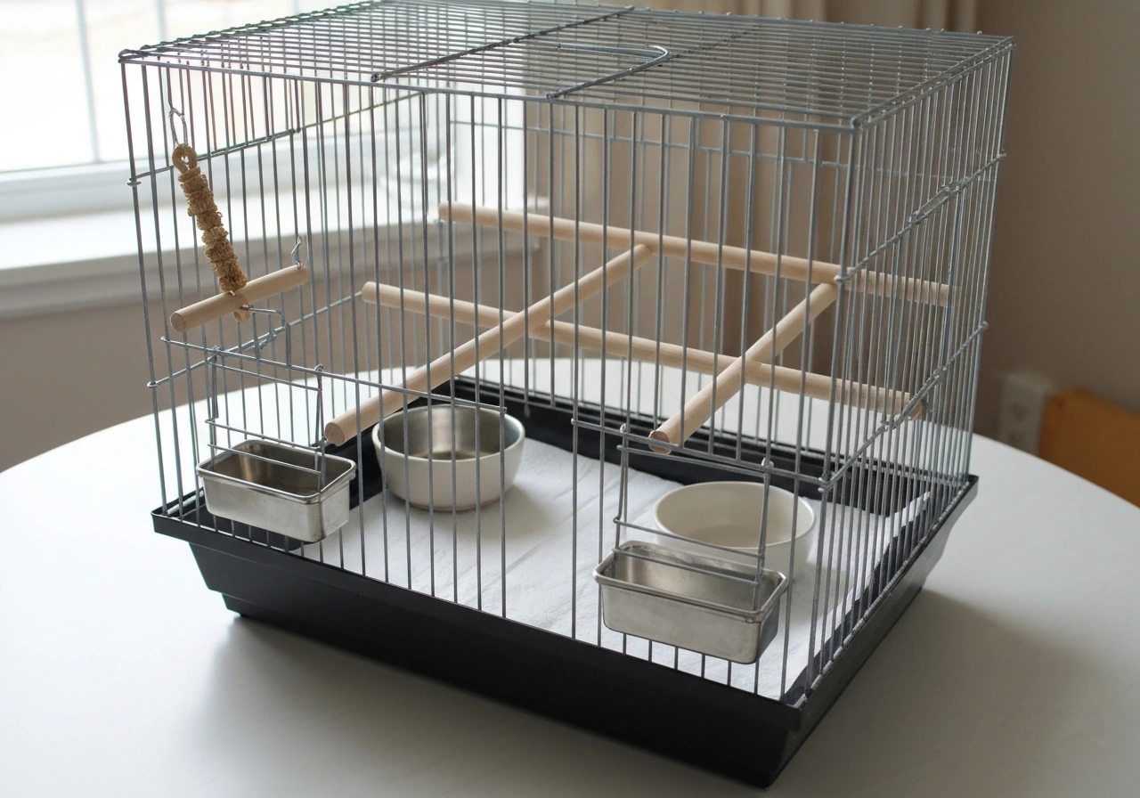 Neatly set bird cage starter kit with perches, fresh food and water dishes, and clean paper liner.