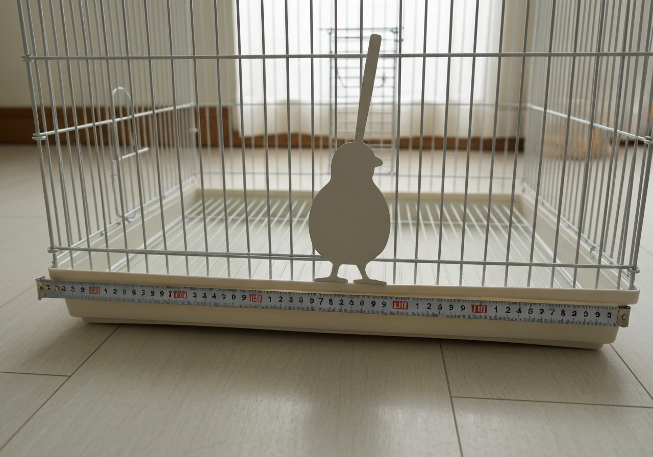 Tape measure fit-check around an evenly spaced bird cage with a bird silhouette prop nearby.