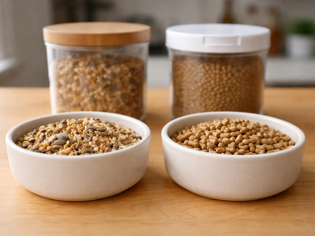 Two pet-food bowls: loose seeds in one, dry formulated pellets in another, set on a kitchen counter.