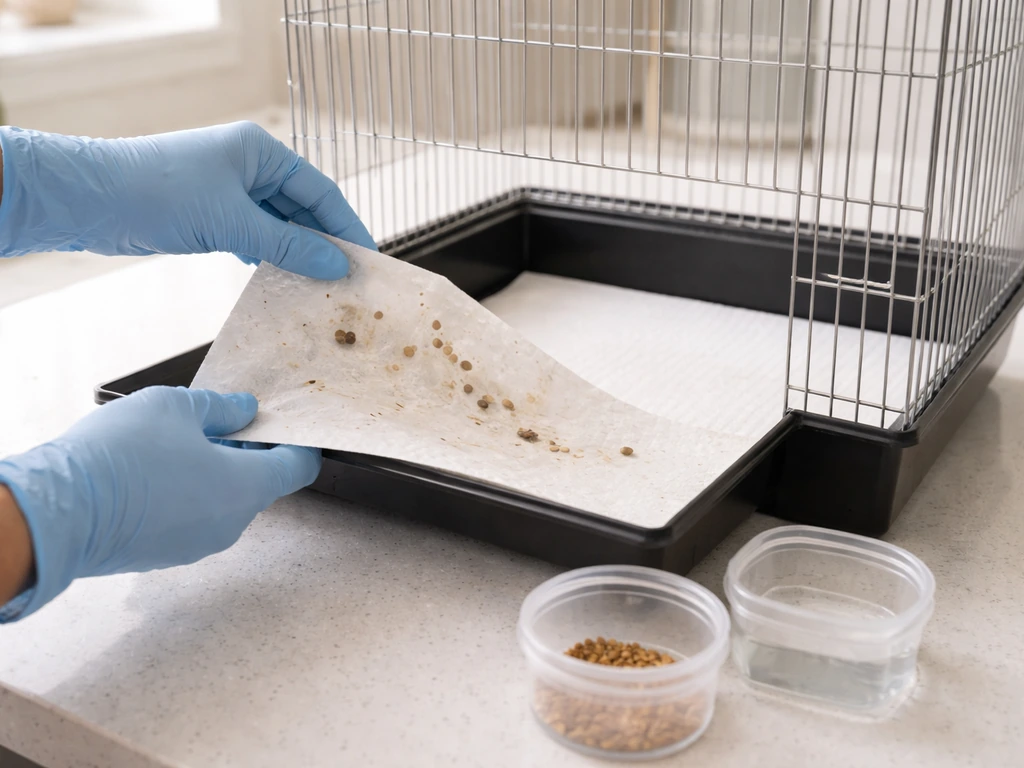 Person wearing gloves swaps a bird cage liner and checks droppings beside clean feeding containers