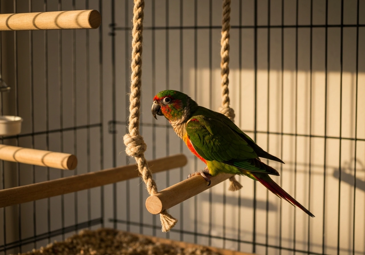Colorful parrot swinging safely on a toy inside a well-set-up cage