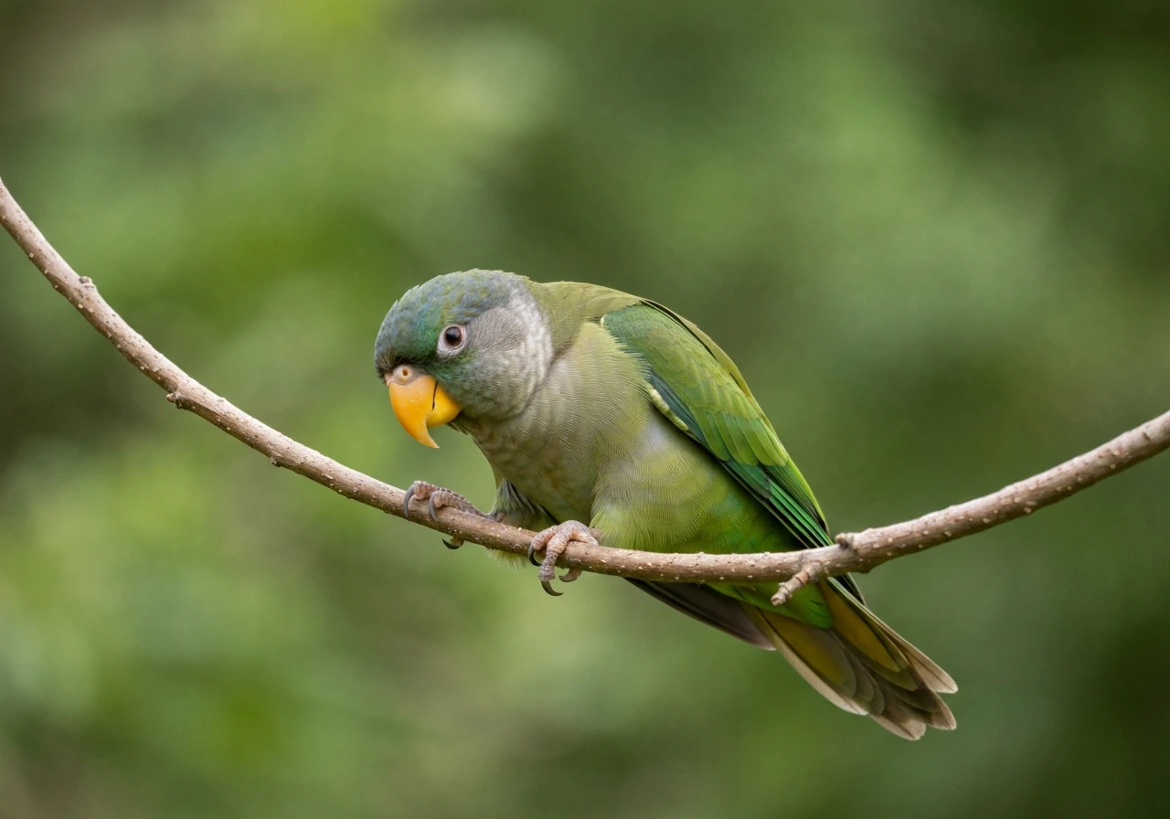 A small wild parrot gripping a thin branch, rocking forward and back in natural beakiation motion