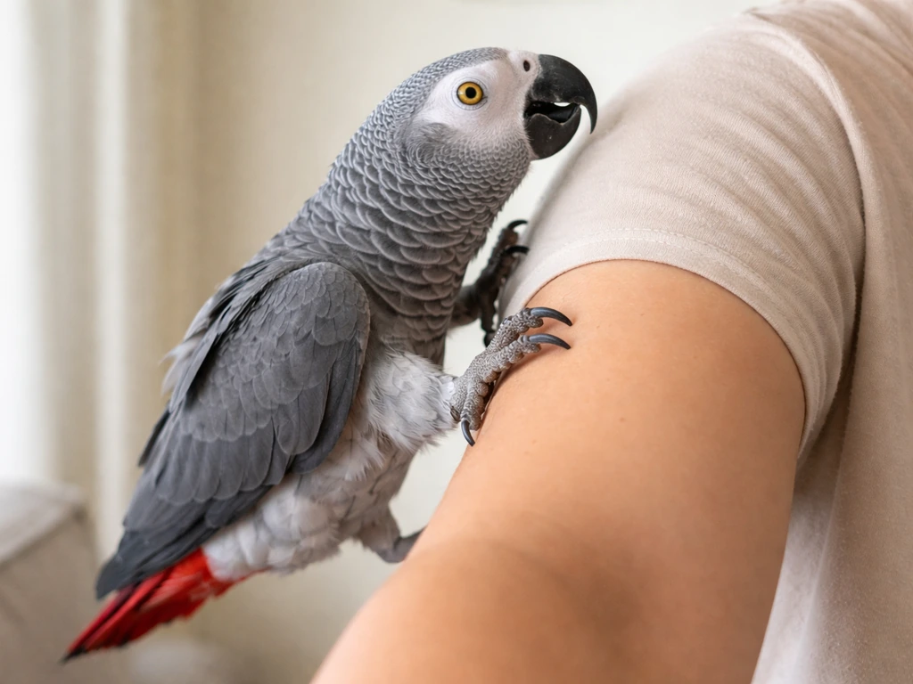 African grey parrot calmly climbing up a person’s arm toward the shoulder during handling.