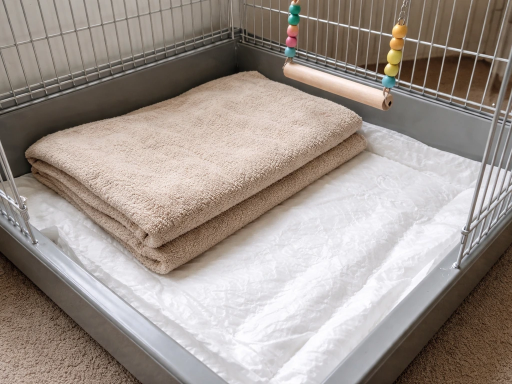 Cage bottom padded with a thick folded towel and soft mat, with a swing/toy visible inside.