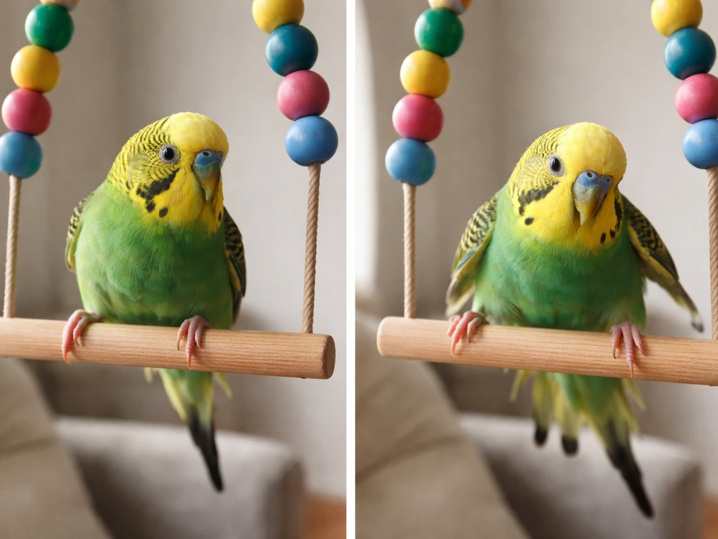 Split close-up showing a bird gripping its toy swing normally vs wobbling with an uncoordinated grip.
