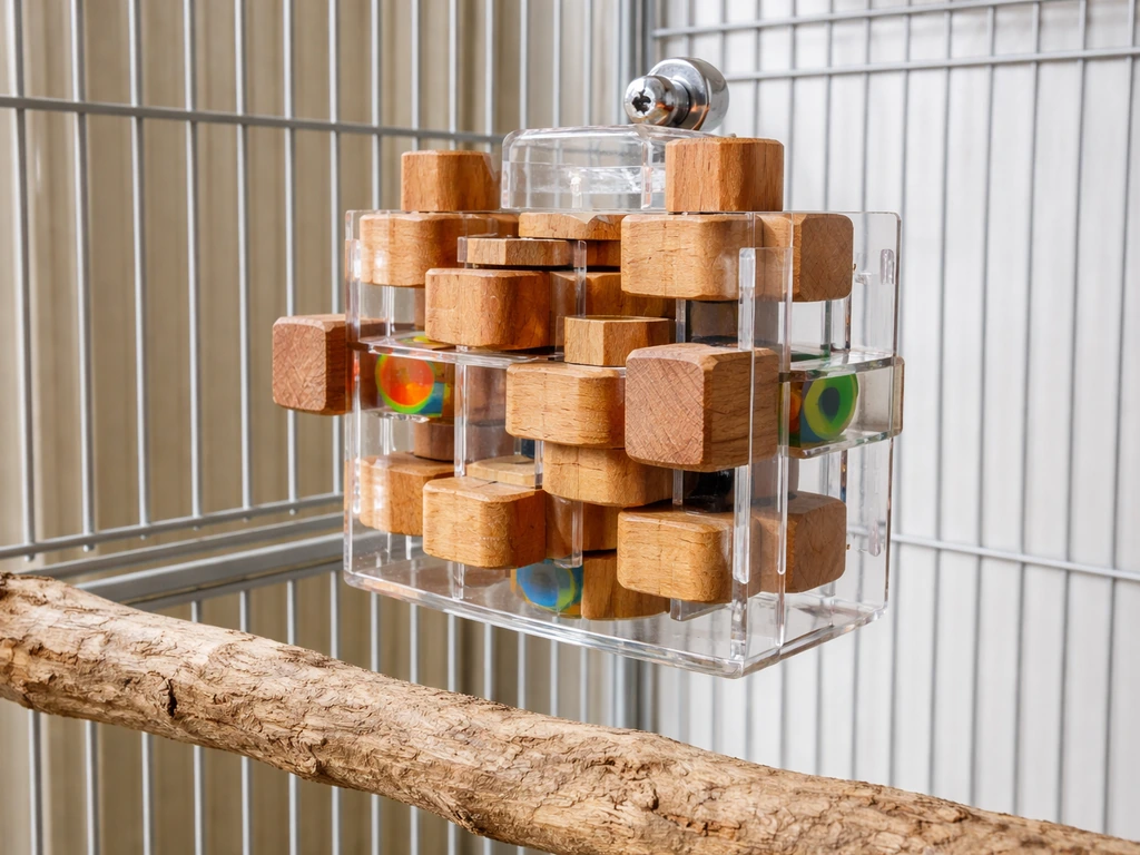 Large parrot toy made of hardwood and acrylic, mounted in a spacious bird cage near a perch