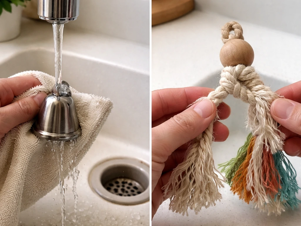 Caregiver rinsing a stainless toy while inspecting a rope fabric toy for fraying