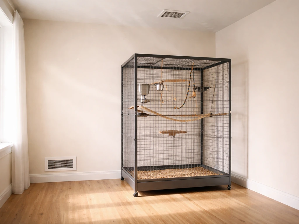 Minimal indoor wire-mesh aviary with wall and ceiling vents showing airflow placement and spacing.