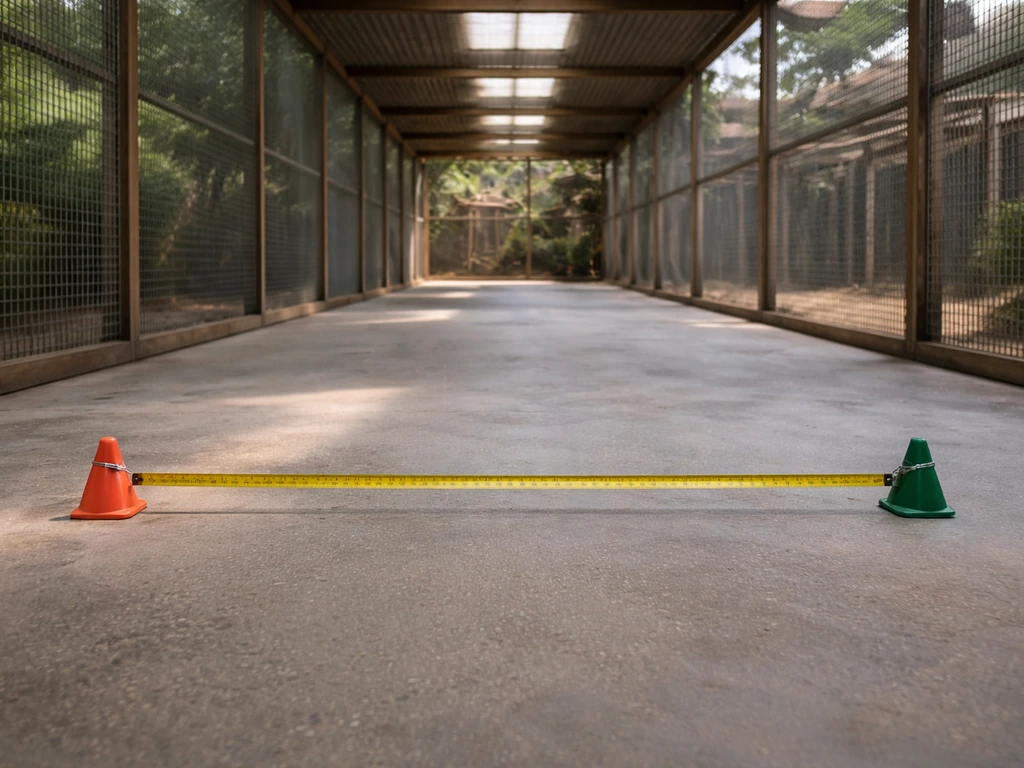 Open aviary flight room with measuring tape and floor markers showing minimum flight-path space.
