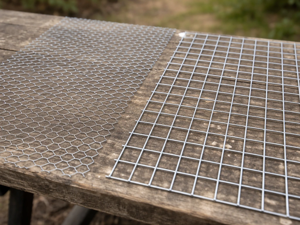 Close-up of poultry-wire mesh with a safe tight grid and a larger-opening wire sample side by side.