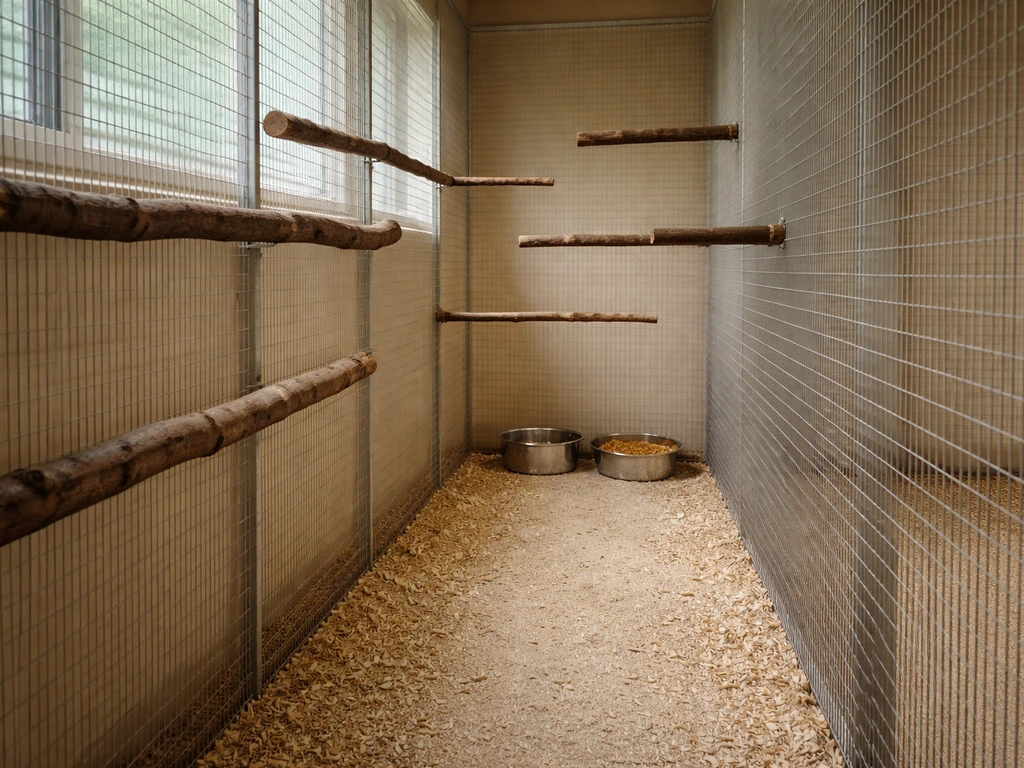 Indoor aviary with multiple perches at different heights and neatly arranged water and food stations