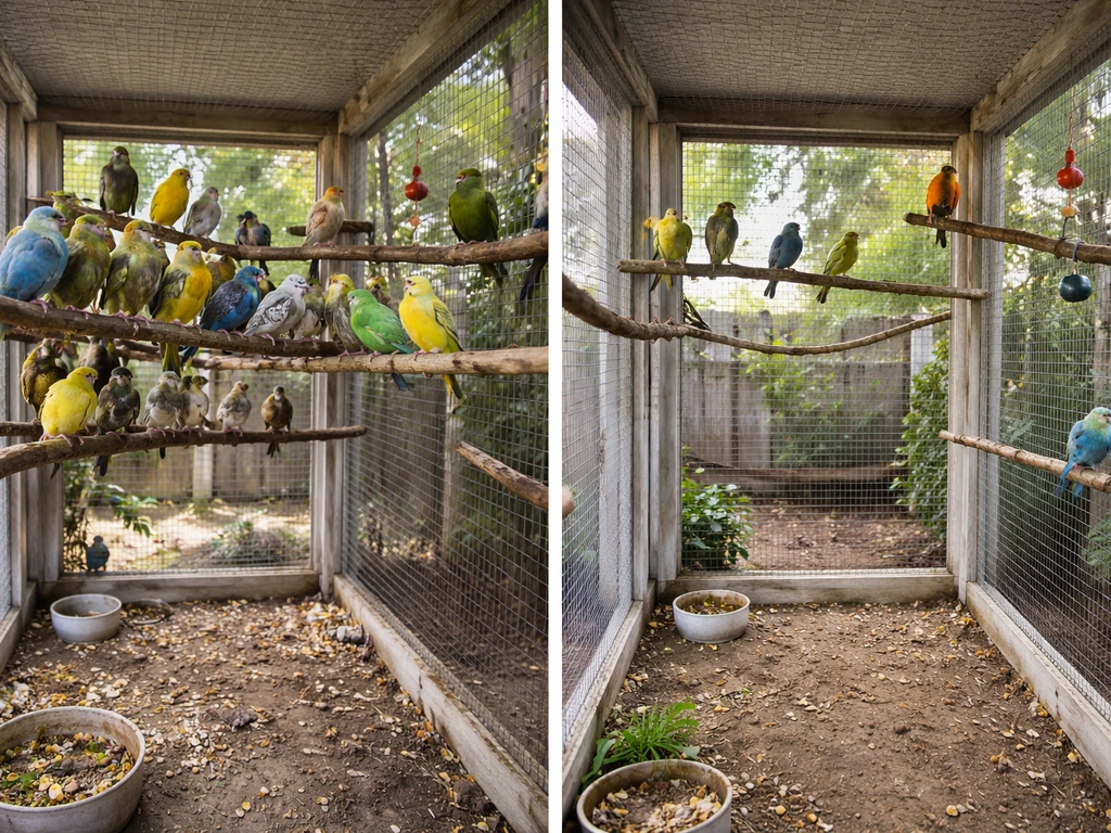 Backyard aviary showing overcrowding on one side and improved spacing on the other, minimal natural light photo