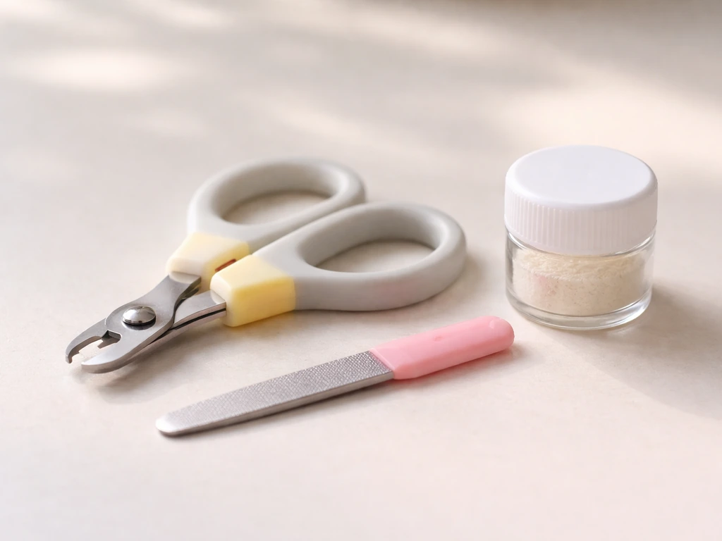 Close-up of bird nail clippers, nail file, and styptic powder on a clean surface for safe trimming.