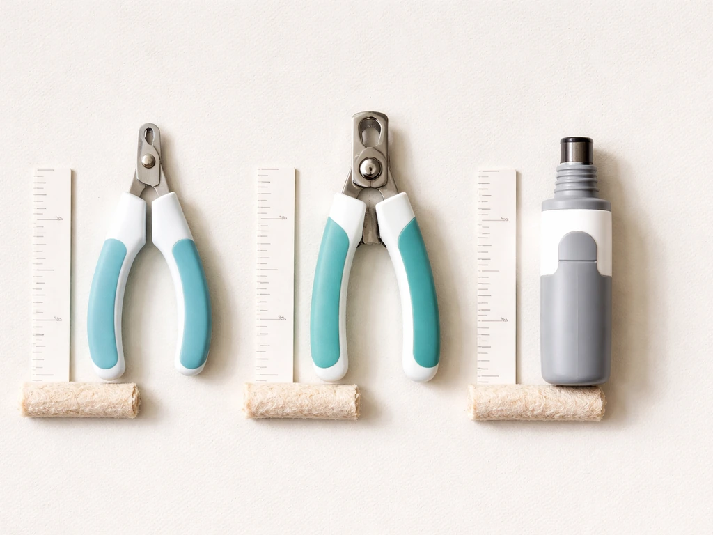 Side-by-side photo of scissor, guillotine, and file-style bird nail tools with a blank fit scale.