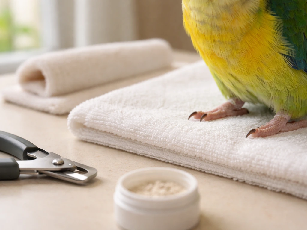 Close-up of a parrot’s paw on a towel with nail clippers and styptic powder ready for trimming