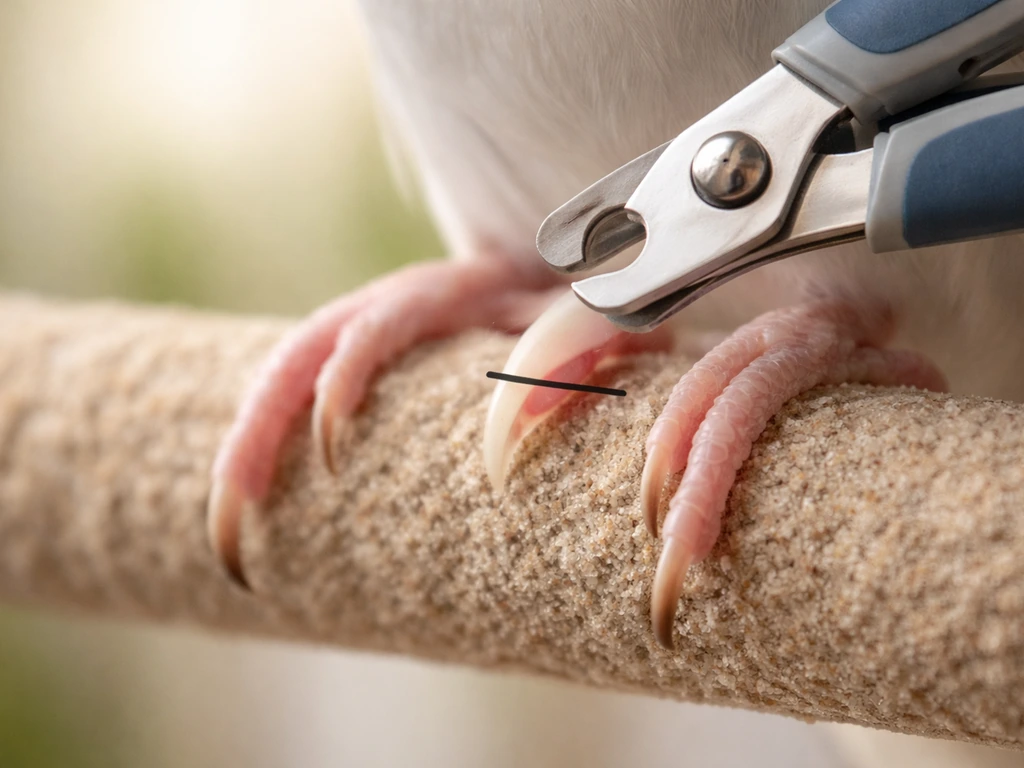 Close-up of a small bird’s foot with a nail trimmer hovering, showing an unsafe over-trimming cut line near the quick.
