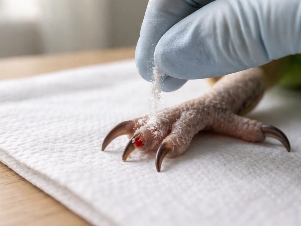 Gloved hand applies styptic powder to a bird’s bleeding nail while the bird rests on a clean pad.