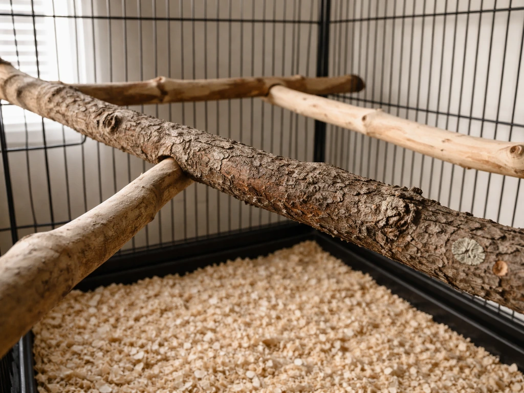 Natural wood branches of different textures inside a bird cage perch setup, no bird present.