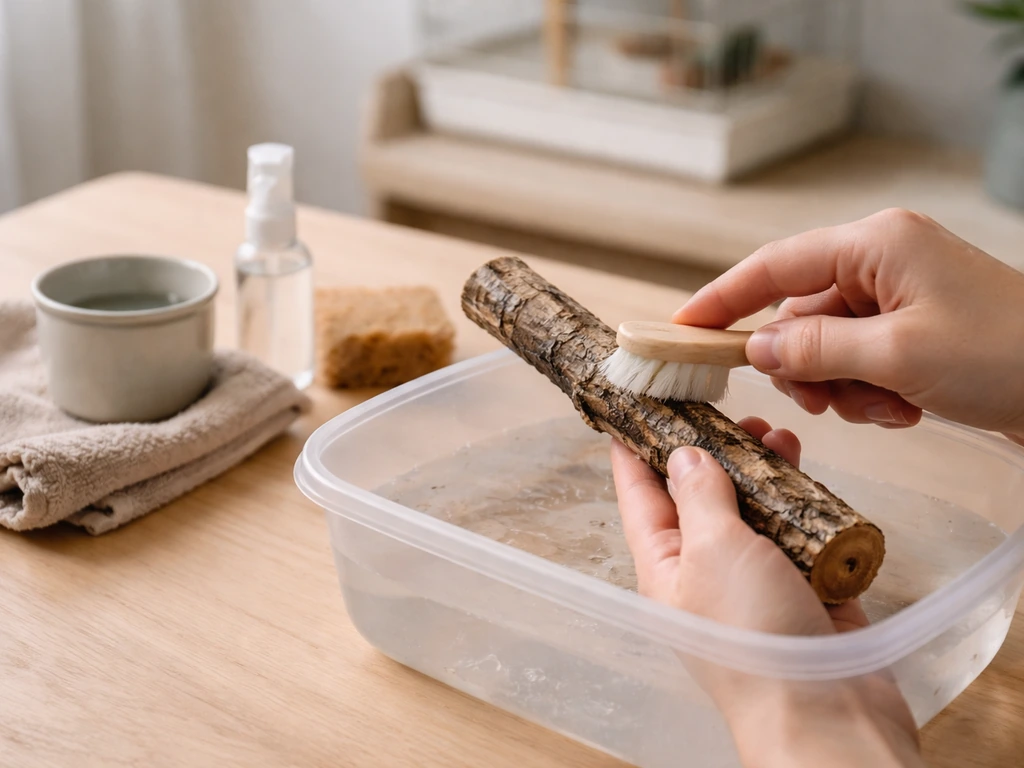Hands rinsing and inspecting perch wood over a simple soak container before placing it in a bird cage