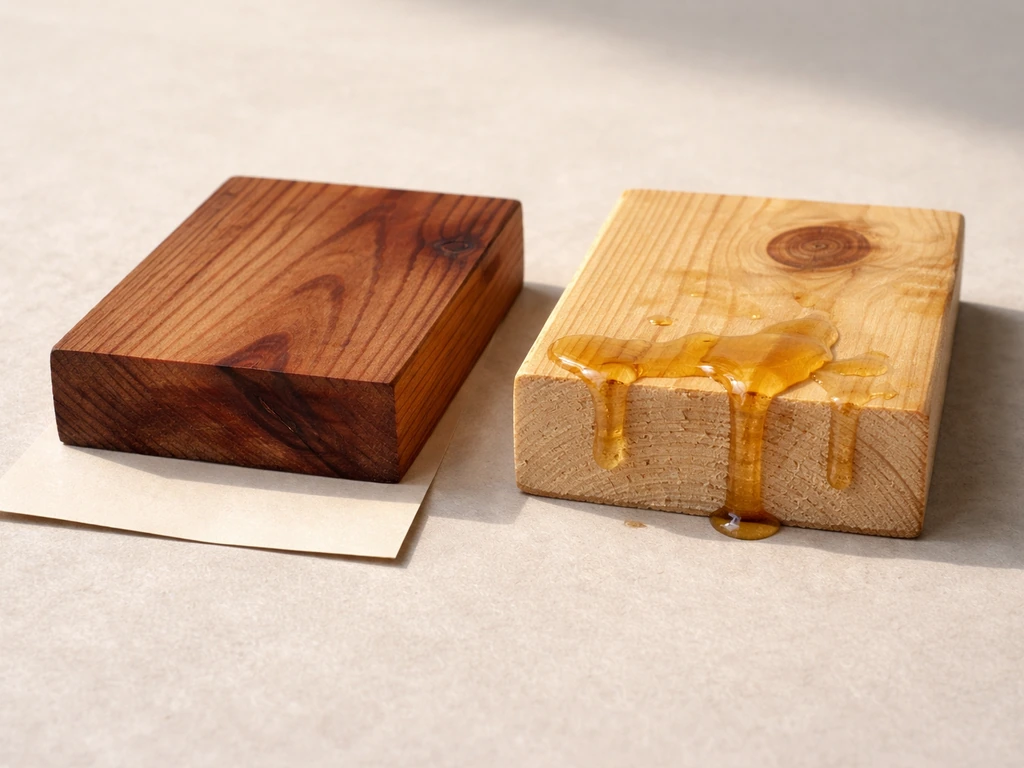 Close-up of resinous pine and cedar wood samples with sticky sap, photographed on a clean tabletop